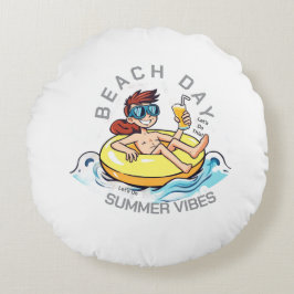 Beach Day Tecknade figurer på uppblåsbara Ring Rund Kudde