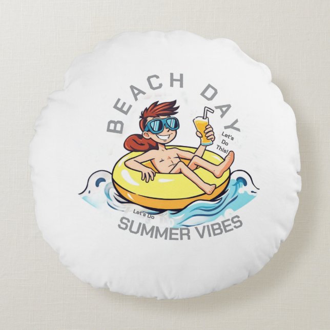 Beach Day Tecknade figurer på uppblåsbara Ring Rund Kudde (Framsidan)