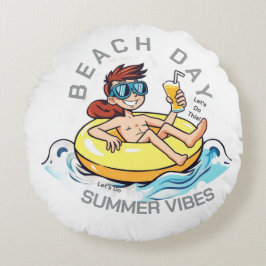 Beach Day Tecknade figurer på uppblåsbara Ring Rund Kudde