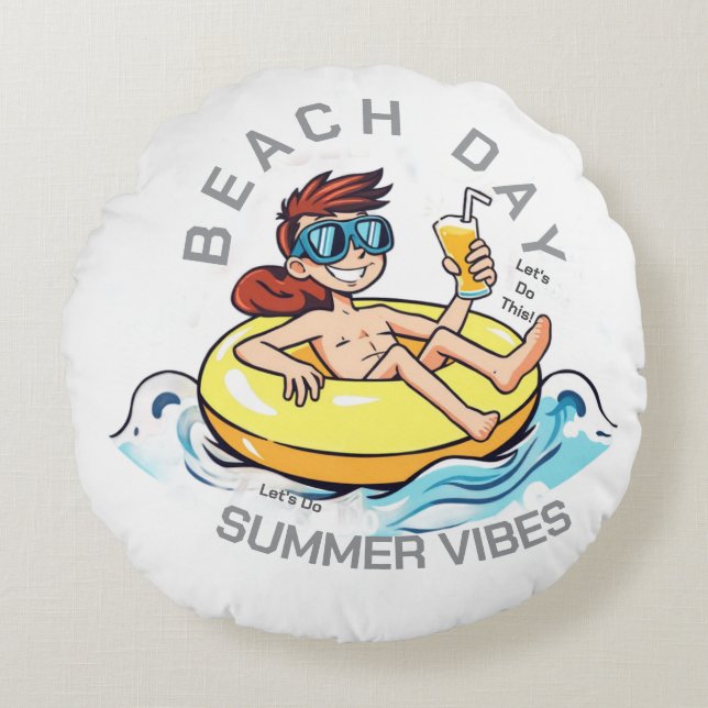 Beach Day Tecknade figurer på uppblåsbara Ring Rund Kudde (Framsidan)