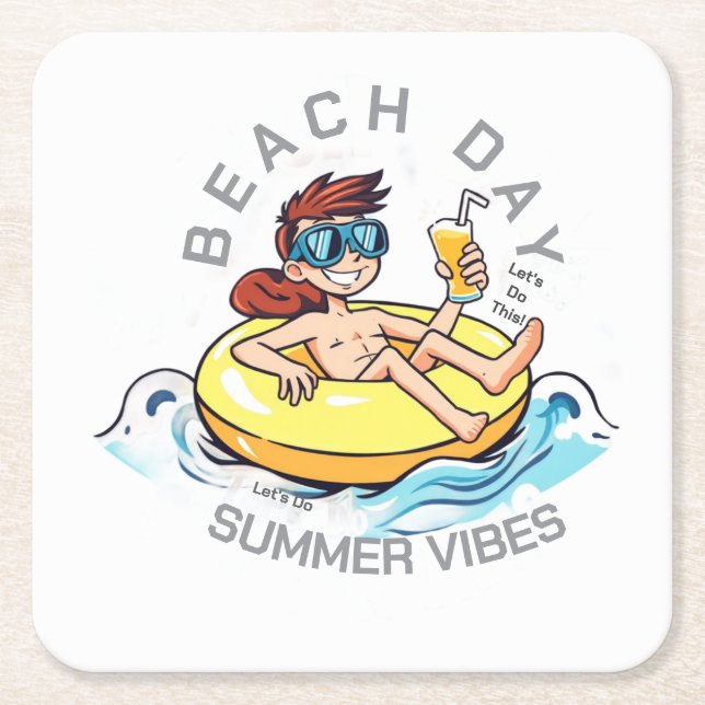 Beach Day Tecknade figurer på uppblåsbara Ring Underlägg Papper Kvadrat (Framsidan)