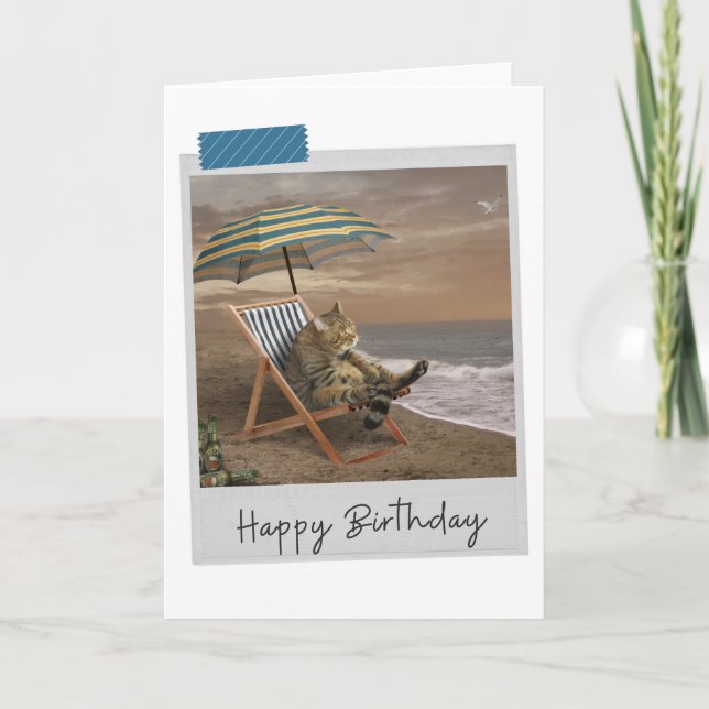 Beach Deckcourt Cat Funny Birthday Card Kort (Framsida)