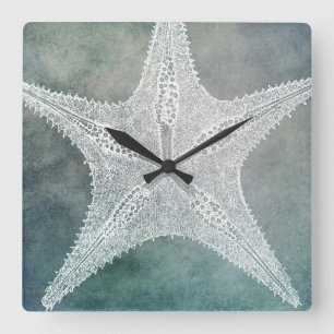 Beach Decor Indigo Teal Blue Watercolor Starfish Fyrkantig Klocka