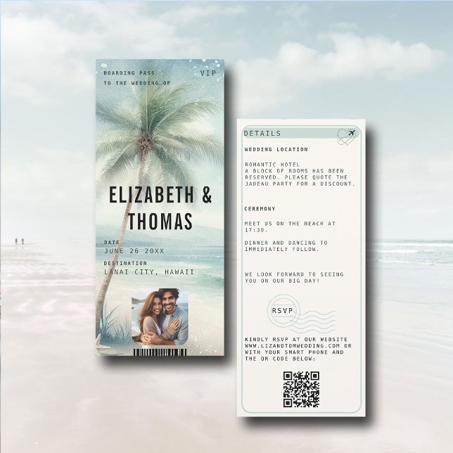 Beach Destination Modern Aqua Handflatan Photo Brö Inbjudningar (tropical beach destination wedding invitation boarding pass qr code all in one photo QR watercolor)