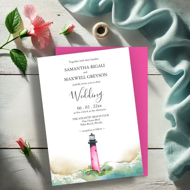 Beach Destination Wedding Nautical Rosa Lighthouse Inbjudningar (Skapare uppladdad)