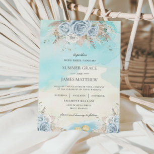 Beach Destinations Wedding Pampas Grass Blue Blomm Inbjudningar