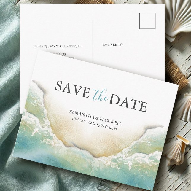 Beach Destinationsbröllop Spara datum Vykort (Destination save the date postcards watercolor beach art by Victoria Grigaliunas Do Tell A Belle)