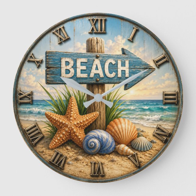 Beach Direction Sign Coastal Beach House Nautical Stor Klocka (Framsida)