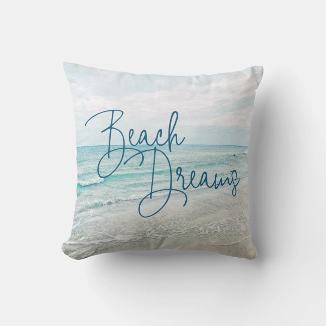 Beach Dreams Inspirational Quote Retro Ocean Vågar Kudde (Framsida)