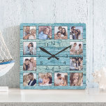 Beach Driftwood Planks Rustic Nautical Fyrkantig Klocka<br><div class="desc">Skapa enkelt din egen personlig blå,  roliga drivträplåt från sjö hus stil med väggklocka med dina anpassningsbar. Mallen användor ett fotofilter för att skapa ett mer samordnat utseende. För bästa resultat ska skörd gå till kvadrat - med skärningspunkten i mitten - före uppladdning.</div>