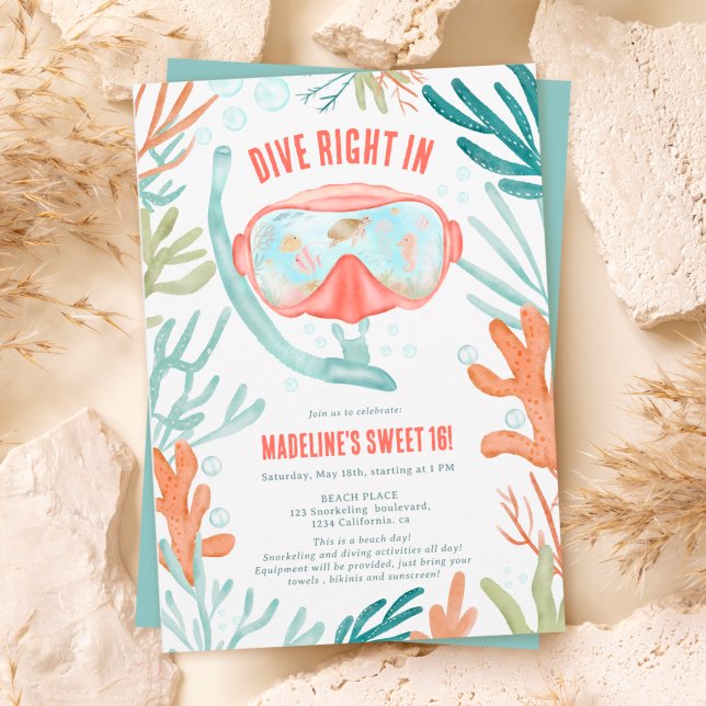 Beach Dyka vattenfärgsliv Sjöliv Söt 16 Inbjudningar (Beach Scuba diving watercolor sea life Sweet 16 Invitation)