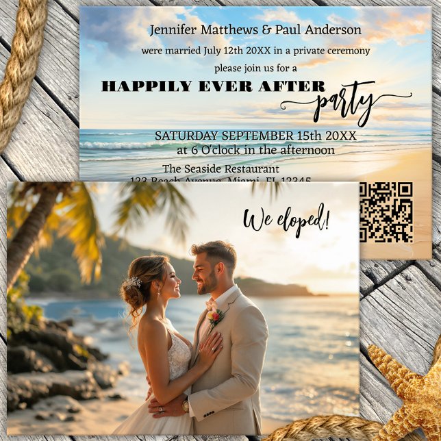 Beach Elopement lyckligtvis allt efter foto från B Inbjudningar (Happily ever after or elopement photo wedding invitation featuring a watercolor painting of a beach)