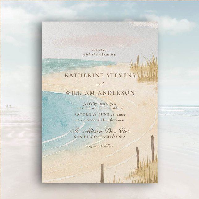 Beach Fence Ocean Grass Himlar Art Elegant bröllop Inbjudningar (beach wedding invitation dreamy watercolor ocean fence grass nature formal modern classic)
