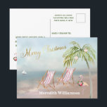 Beach Flamingo God jul budgetvykort Vykort<br><div class="desc">God jul på denna vackra Watercolor Beach - fredlig och skonsam scen med två strandstolar - vänlig flamingo med underbar andedräkt - Handflatan träd med några prydnadsföremål. Finns även i olika pappra viktangivelser - ditt val.</div>