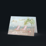 Beach Flamingo Wandeo Unik jul Kort<br><div class="desc">God jul på denna vackra Watercolor Beach - fredlig och skonsam scen med två strandstolar - vänlig flamingo med underbar andedräkt - Handflatan träd med några prydnadsföremål. Finns även i olika pappra viktangivelser - ditt val. Alla designfrågor,  skicka bara ett e-postmeddelande till charmdesignstudio@rcn.com så hjälper vi oss gärna.</div>