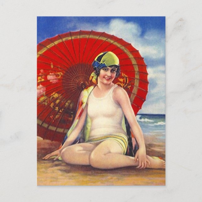 Beach Flapper Girl Postcard Asian Umbrella Cloche Vykort (Framsida)
