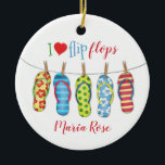 Beach Flinflip flops Personlig Tropical Colorful Julgransprydnad Keramik<br><div class="desc">Beach flip-flops. Personlig med ditt namn. Jag söt personlig med ditt namn. En Tropical Beach eller en solig roligt sommardag. Vitaktiga flip-floppar av snyggt i rad med färgstarkt rand,  blommigtar och prickar. En söt trendig för alla som kärlek sommar,  stranden och flip-flops liv.</div>