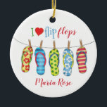 Beach Flinflip flops Personlig Tropical Colorful Julgransprydnad Keramik<br><div class="desc">Beach flip-flops. Personlig med ditt namn. Jag söt personlig med ditt namn. En Tropical Beach eller en solig roligt sommardag. Vitaktiga flip-floppar av snyggt i rad med färgstarkt rand,  blommigtar och prickar. En söt trendig för alla som kärlek sommar,  stranden och flip-flops liv.</div>