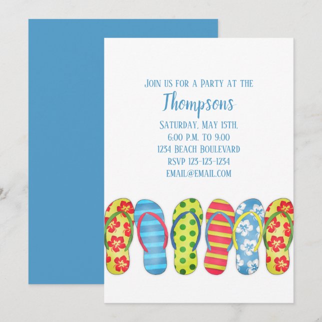 Beach Flinflip flops Tropical Colorful Party Inbjudningar (Fram/baksida)