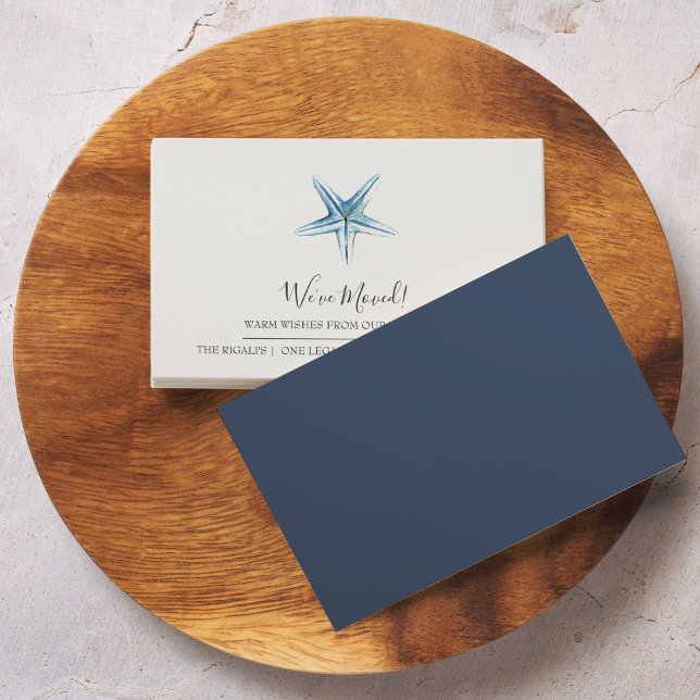 Beach Flytta Announcement Cards Tilläggskort (Small We've moved moving announcement card features watercolor starfish art by Victoria Grigaliunas)