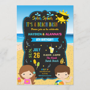 Beach Födelsedagsfest Bash Twillingars Syskon Boy Inbjudningar