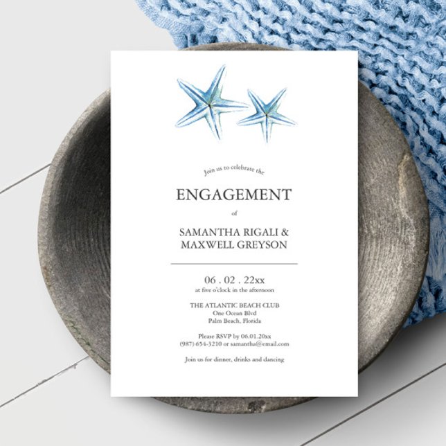 Beach Förlovningsfest Inbjudan Watercolor Starfish (Beach engagement party invites feature unique watercolor starfish art by Victoria Grigaliunas)