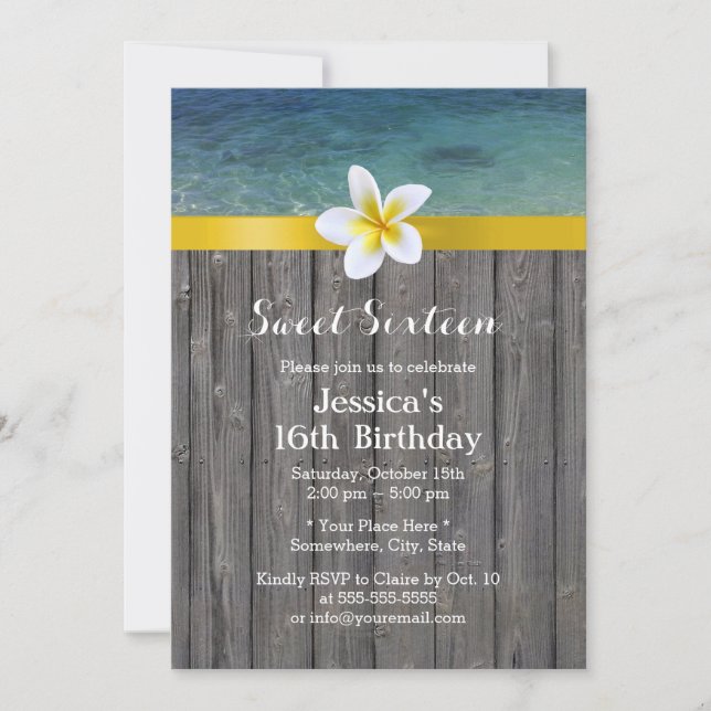 Beach & Frangipani Flower Wood Background Sweet 16 Inbjudningar (Framsida)