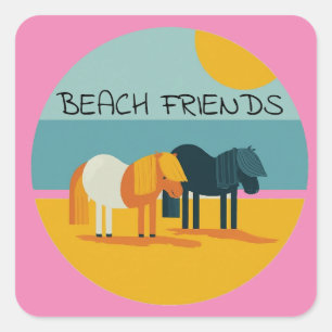 Beach Friends Pony Personalize Namn Fyrkantigt Klistermärke