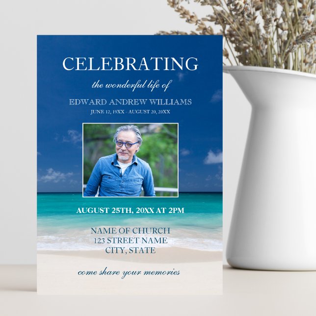 Beach Funeral | Firande i Life Photo Inbjudningar (Beach Celebration of Life Invitation)