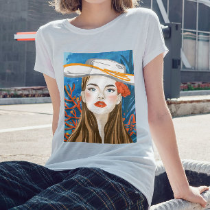Beach Girl Blue Orange Graphic utskriven T Shirt
