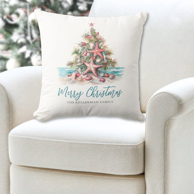 Beach God jul Träd Kudde (Beach Merry Christmas Tree Throw Pillow )