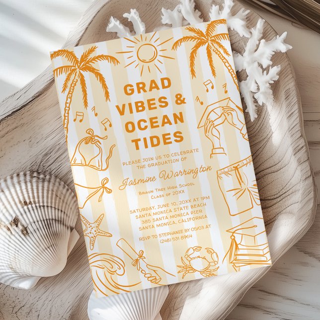 Beach Grad Vibes Doodle Yellow Graduation Inbjudningar (Skapare uppladdad)