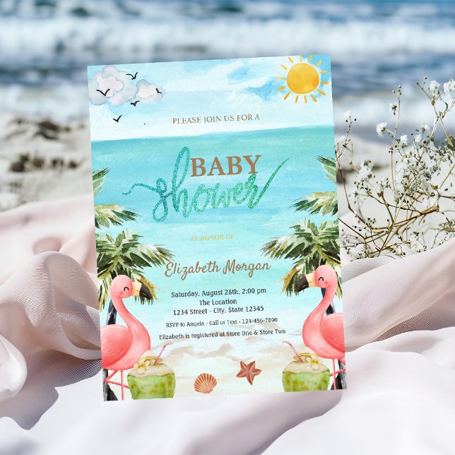 Beach Handflatan Rosa Flamingos Cocktail Baby Show Inbjudningar (Skapare uppladdad)