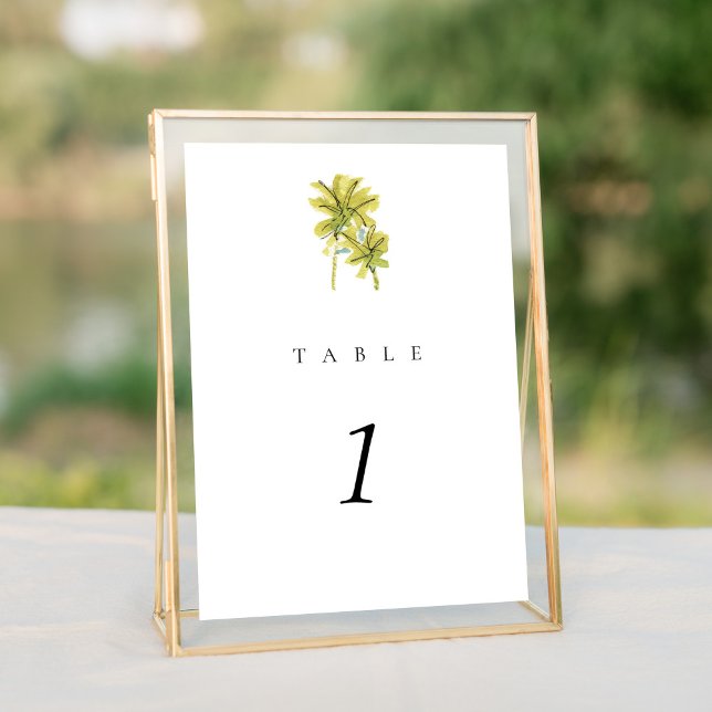 Beach Handflatan Träd 5 x 7-tums Bröllop-Bordsnumm (Watercolor palm trees beach scene Destination wedding suite elegant table number sign.)