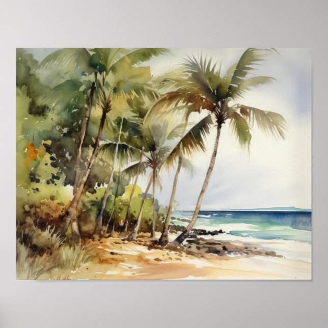 Beach Handflatan Träd Art Skriv ut resefoster för Poster (Framsidan)