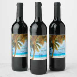 Beach, Handflatan, Träd, Bröllop Vinflaska Etikett