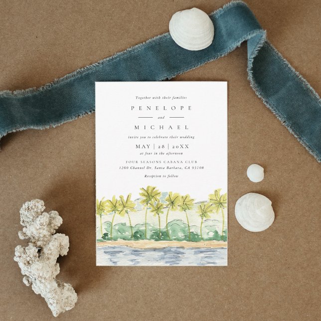 Beach Handflatan Träd Tropical Watercolor Bröllop Inbjudningar (Beach Palm Trees Tropical Watercolor Wedding Invitation)