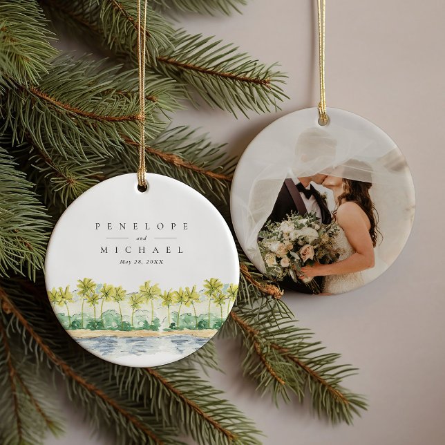 Beach Handflatan Träd Tropical Watercolor Bröllop  Julgransprydnad Keramik (Beach Palm Trees Tropical Watercolor Wedding Photo Ceramic Ornament)