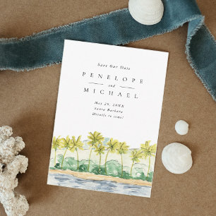 Beach Handflatan Träd Tropical Watercolor Bröllop Spara Datumet