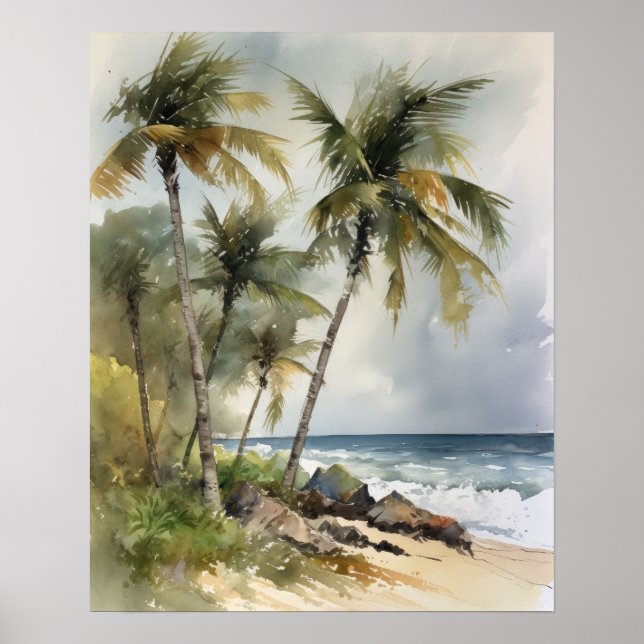 Beach Handflatan Träd Watercolor Art Skriv ut Post Poster (Framsidan)