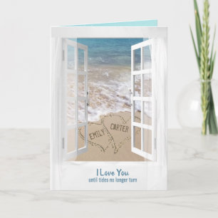 Beach Hearts in Window för Newlyweds Kort