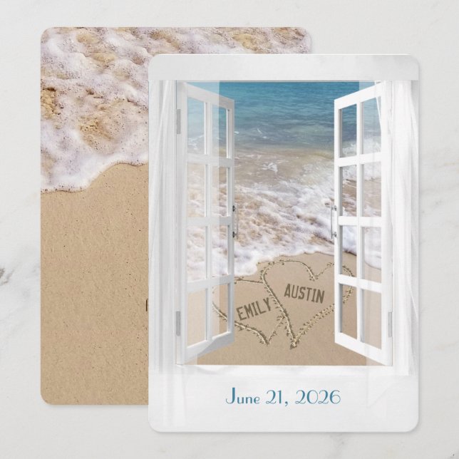 Beach Hearts in Window i bröllop Inbjudningar (Fram/baksida)