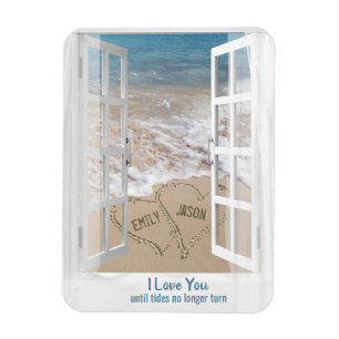 Beach Hearts in Window med Namn Magnet