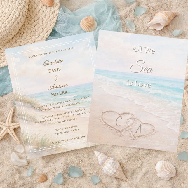 Beach hearts sand initials wedding invitation (Skapare uppladdad)