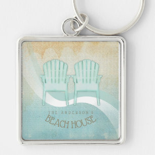 Beach House Adirondack Chairs Aqua Blue ID623 Fyrkantig Silverfärgad Nyckelring