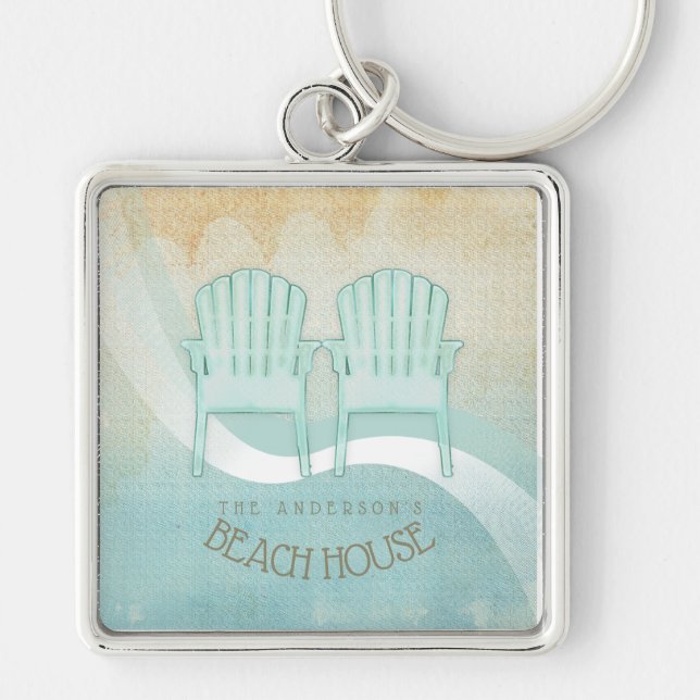 Beach House Adirondack Chairs Aqua Blue ID623 Fyrkantig Silverfärgad Nyckelring (Framsidan)
