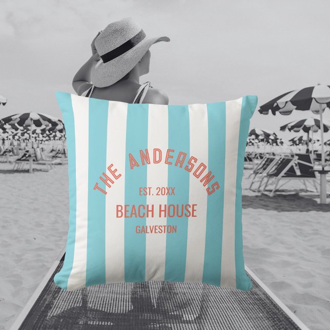 Beach House Anpassat namn Blue Cabana Rand Kudde (Skapare uppladdad)
