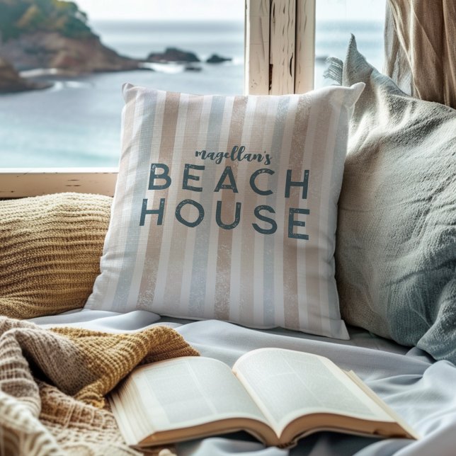 Beach House Beige & Blue Rand Coastal Kudde (Skapare uppladdad)