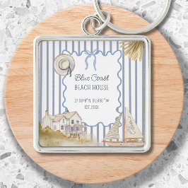 Beach House Blue Coastal Chic Blue Rand Fyrkantig Silverfärgad Nyckelring