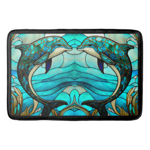 Beach House Blue Dolphin Faux Stached Glass Badrumsmatta